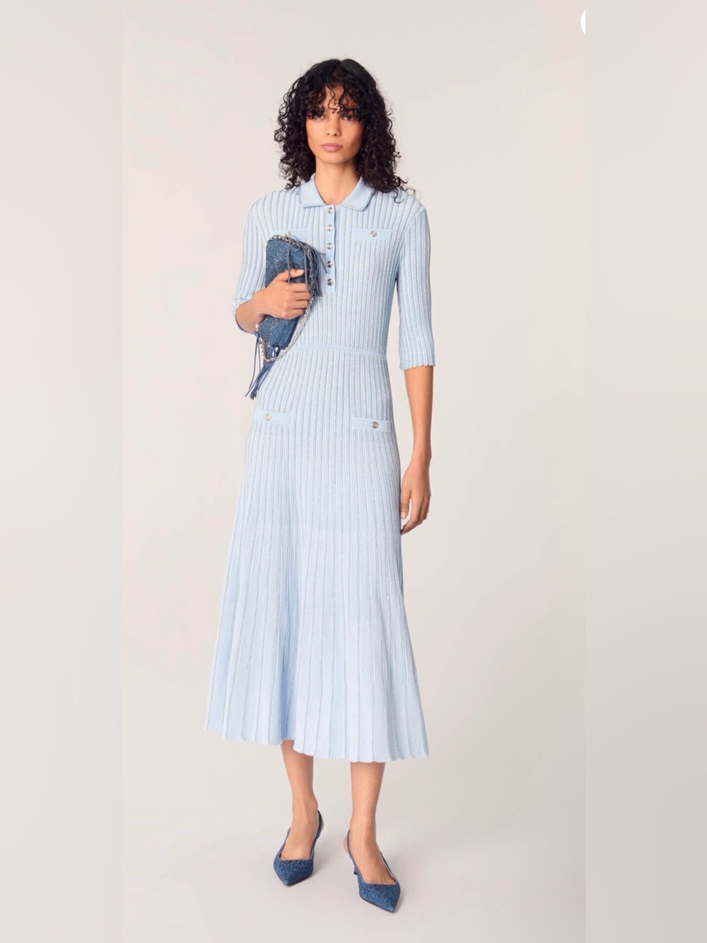 Maje Ribbed Knit Midi dress in Blue Sky